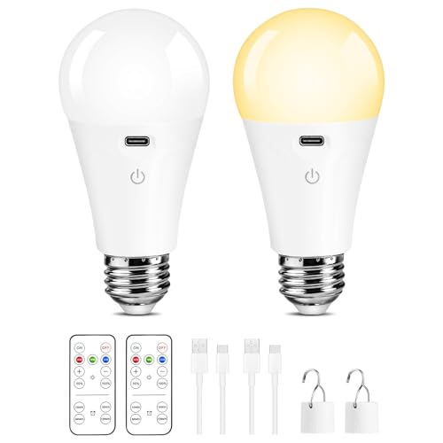 E26 Rechargeable Light Bulbs with Remote Control, Battery Operated A19 Light Bulb for Lamps, Dimmable, 3 Color Temperatures, Timer, Wireless Light Bulbs Small Size for Sconces, Non-Hardwired 2 Pack