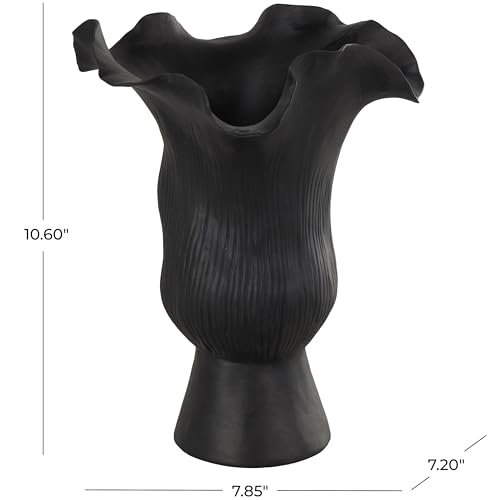 Image of Deco 79 Ceramic Abstract Floral Inspired Vase with Wavy Folded Rim and Linear Grooves, 8 inch x 7 inch x 11 inch, Black