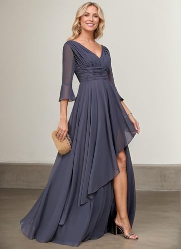 Half Sleeve Mother of The Bride Dresses for Women Long Chiffon Ruffles Elegant Formal Evening Gown with Slit2