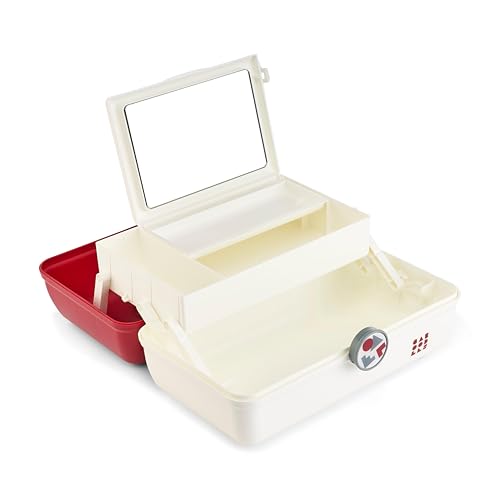 Image of Caboodles School Spirit On-The-Go Girl Makeup Box, Crimson Over White, Hard Plastic Makeup Organizer Box, Built-In Mirror, Secure Latch for Safe Travel, Spacious Storage for Large Items