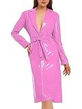 FEESHOW Damen Wetlook Jacke Glänzende Leder Trenchcoat Lang Revers Pu Leder Mantel mit Gürtel Rosa XXL