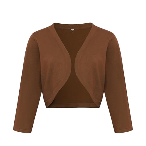 Image of Women's Cropped 3 /4 Sleeve Knit Cardigan - Open Front Bolero Shrug (Brown, X-Large)