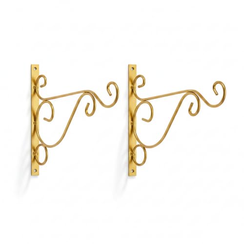 Strong Metal Wall Hook – Heavy Duty Decorative Bracket for Hanging Planters, Lanterns, Wind Chimes, Bird Feeders & Coats – Perfect for Indoor & Outdoor Use (Gold, Pack of 2)