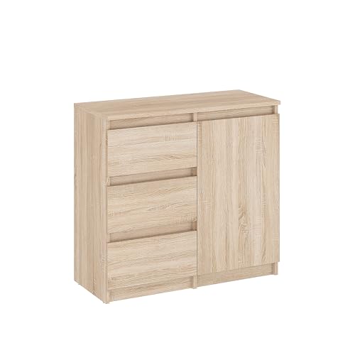 Komto Commode Chêne Sonoma avec 3 tiroirs et 1 Porte – Meuble de Rangement Moderne pour Chambre, Salon ou entrée | PIKO 80,4 x 35 x 74,5 cm