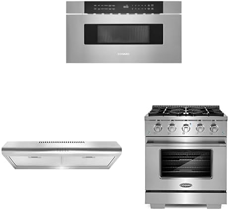 COSMO 3-Piece Kitchen Appliance Packages, 30" Microwave Drawer Stainless Steel No Handle, 30" Under Cabinet Range Hood and 30" Gas Range