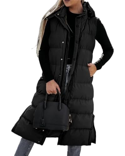 Solid Color Hooded Winter Outerwear with Pockets, Women's Long Puffer Vest, Hooded Sleeveless Quilted Padded Jacket3