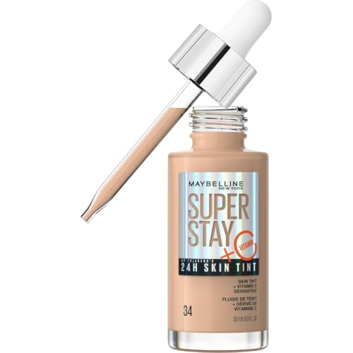 Maybelline New York,Base de maquillaje enriquecida con Vitamina C, Hasta 24H, Acabado luminoso, Superstay Skin Tint, Tono 34
