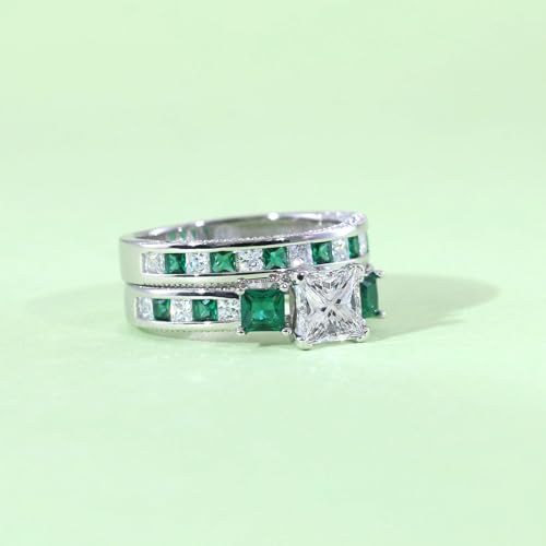 Couple Rings White Gold Plated 925 Sterling Silver Ring Green Square 1.5CT CZ Women Wedding Ring Sets Men Titanium Steel Ring3