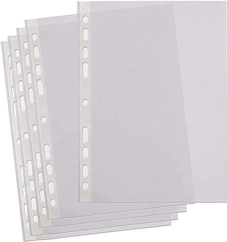 Image of Amazon Brand - Umi A4 Documents File Storage Envelope Transparent File, 100 Pcs Clear Plastic Folder Punched Pockets for Filing Paper and Documents 60 microns