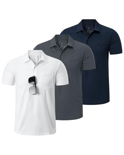 Outdoor Ventures 3 Pack Mens Polo Shirt Short Sleeve UPF50+ Polo Quick Dry Moisture Wicking Breathable T Shirts Running Sports Golf Tennis Top Casual Work Shirt 3P:White+Dark Grey+Dark Blue M