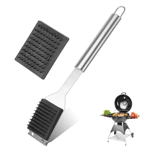 smtfcty Spazzola per barbecue e raschietto, 3 in 1 per barbecue da esterno con setole extra lunghe in acciaio inox e spatola in acciaio inox per barbecue a gas, barbecue a carbonella, griglia a sfera,