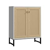 Panana Rattan Decorated 2 Doors Storage Cabinet Accent Cabinet Living Room Cupboard Kitchen Sideboard Buffet Table (White)