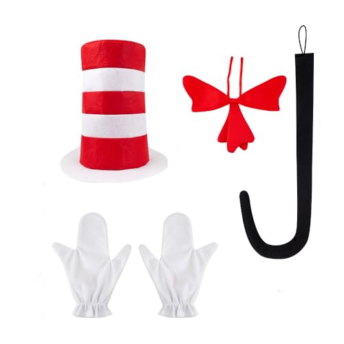 Xiqupjs Cat Costume Set Red and White Striped Top Hat Bow Tie White Gloves Black Tail One Size Fit Most (Hat Gloves Bow Tie&Tail Set)