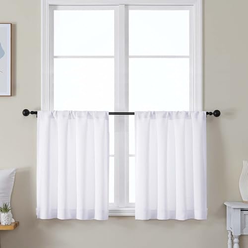 Image of Simplebrand Ava Pure White Curtains 30 Inches Long 2 Panels, Light Filtering Half Window Rod Pocket Privacy Short Curtains, Thermal Insulated Curtain Tiers for Kitchen Bathroom Shades, W30 x L30 Inch