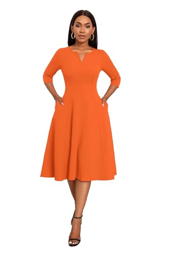 Image of Nmoder Midi Dresses for Women A-Line Fit and Flare Dress 3 /4 Sleeve V Neck Cocktail Wedding Guest Work Dress with Pockets