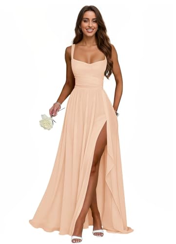 IIF Chiffon Bridesmaid Dresses with Slit 2026 Square Neck Formal Evening Dress with Pockets US Size 16 IIF204 Peach