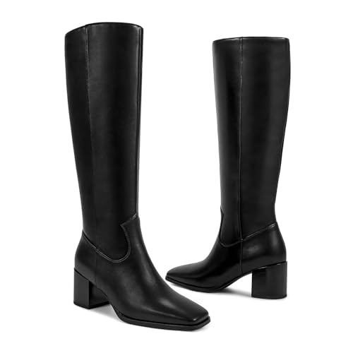 wetkiss Knee High Boots for Women GoGo Boots with Chunky Heel, Square Toe and Side Zipper Design Fashion Dress Boots3