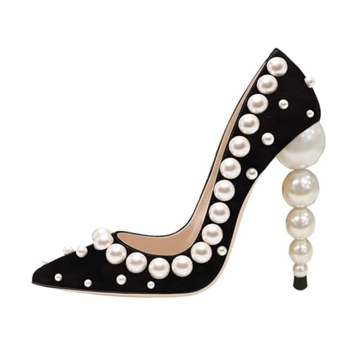 FSJ Women's Pearls Beaded High Heels Slip On Pumps Pointed Toe Pearl Embellished Suede Elegant Party Club Dress Shoes 4-15 US2