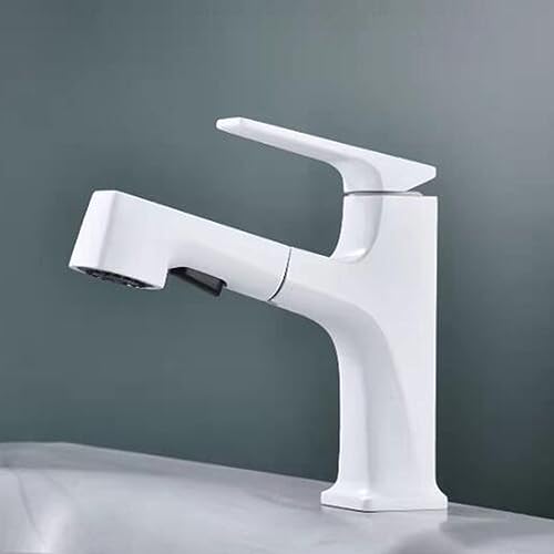 Robinet de lavabo avec pulvérisateur extractible blanc en laiton