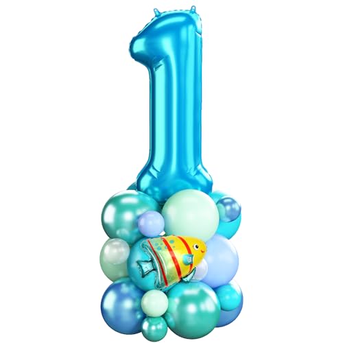 Image of Blue Number 1 Balloon 40 Inch Ocean Under the Sea Number One Foil Balloons Tower with Shark Bubble Fish for Boys First 1st Birthday Party Decor Green Underwater Digital Aluminum Balloons Stack
