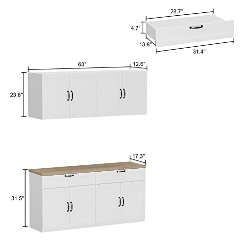 AIEGLE Large Kitchen Pantry Cabinet Set with Wall Mounted Storage Sideboard, Freestanding Wall Storage Cabinet with Shelves, 8 Doors & 2 Drawers, Utility Console Dining Cupboard, White 63" W
