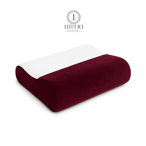 Image of Ergonomic Memory Foam Pillow Set of 2 with 9 cm 12 cm Heights, Cervical Contour for Neck Relief, Protective Inner Cover, Jacquard Velvet Outer Case, Maroon, 60 x 35 cm