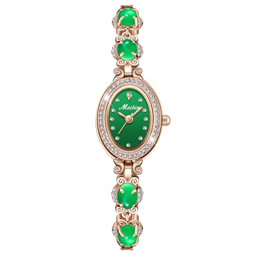 Watches for Women Green Bracelet Crystal Diamond Bangle Ladies Female Small Fashion Luxury Thin Waterproof Quartz Girls Wife Gifts Oval Rose Gold Wrist Watch
