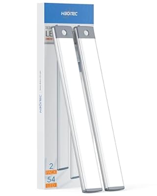 HIBOITEC LED Motion Sensor Cabinet Light 2500mAh 2 Packs Rechargeable Under Counter Closet Lighting, Wireless Night Light with 54 LEDs for Cabinet, Wardrobe, Kitchen, Hallway, Stairs