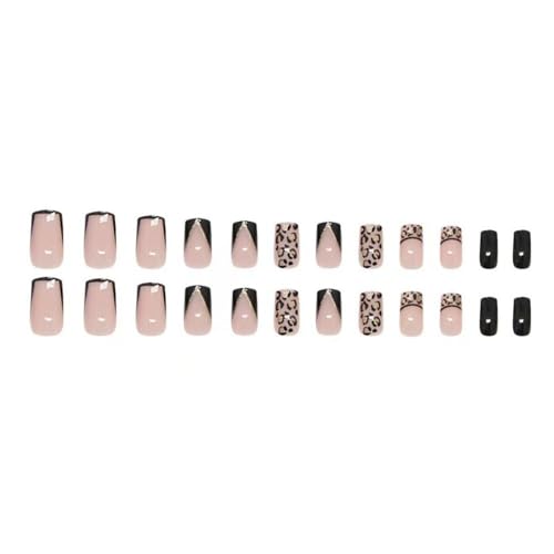 Image of Leopard Print Nail Press ons French Tip Fake Nails Black Press on Nails Glossy Full Cover Glue on Nails Medium Square False Nail Reusable Artificial Acrylic Stick on Nail for Women Manicure 24Pcs
