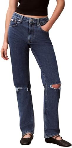 Calvin Klein EU LV047E614G Jeans Rectos de Talle Alto para Mujer, Color Azul (Destroyed Sea), 30W/32L, Azul (Destryed Sea), 30W / 32L