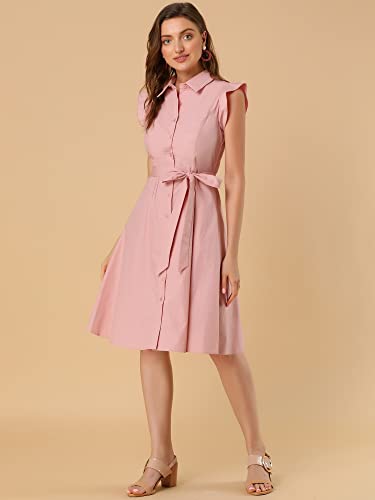 Image of Allegra K Women's Ruffled Sleeve Casual Office Dress Tie Waist Button Down Cotton Shirt Dresses