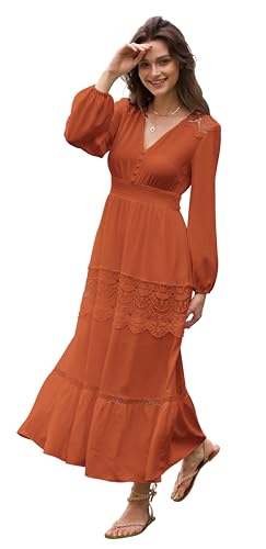 Olaesa Long Sleeve Maxi Dress for Women V Neck Lace Boho Dress Flowy Fall Wedding Guest Dresses with Pockets Orange Red