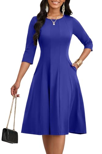 Image of CLOCOR Casual Midi Dresses for Women A-Line Fit and Flare Elegant Church 3 /4 Sleeve Crew Neck Dress with Pocket