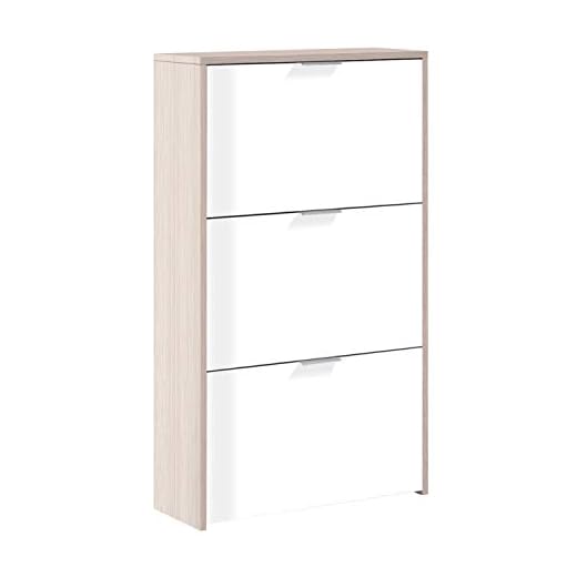 Habitdesign LC0877R - Zapatero con 3 Puertas Capacidad 18 Pares, Color Exterior Roble y Frontales Blanco Brillo, Medidas: 60 x 113 x 22 cm de Profundidad