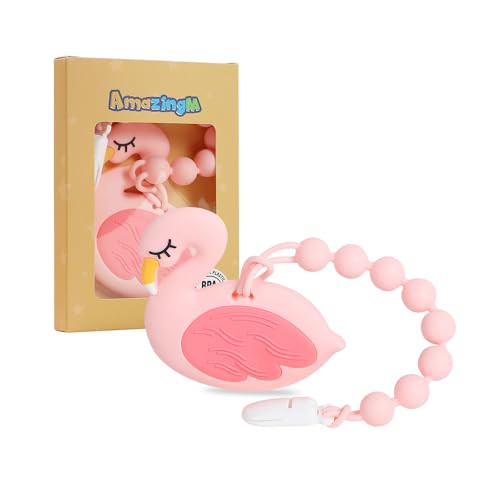 Image of Baby Food Grade Silicone Teether Toy with One Piece Design Pacifier Clip Holder,Teething Pain Relief Toys Gift Set for 3 Months+ Boys and Girls,Freezer Safe,BPA Free. (Pink Flamingo)