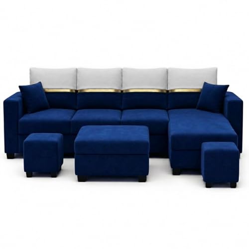 Image of Furny Arvea 8 Seater Fabric RHS L Shape Sofa Set with 1 Centre Table & 2 Puffy (Blue) | Soft Velvet Fabric | Modern Design | Comfortable Seating | Living Room Furniture