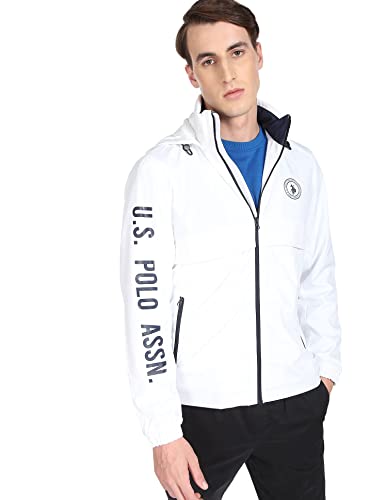 Image of Men White Placement Brand Print Hooded Polyester Casual Jacket
