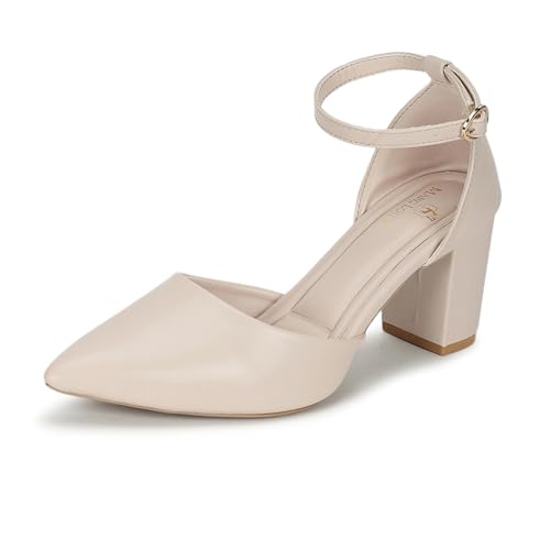 Image of Marc Loire Women's Pointed Toe Block Heel Pumps | Office & Party Shoes with Ankle Loop & Buckle Strap | Formal Footwear