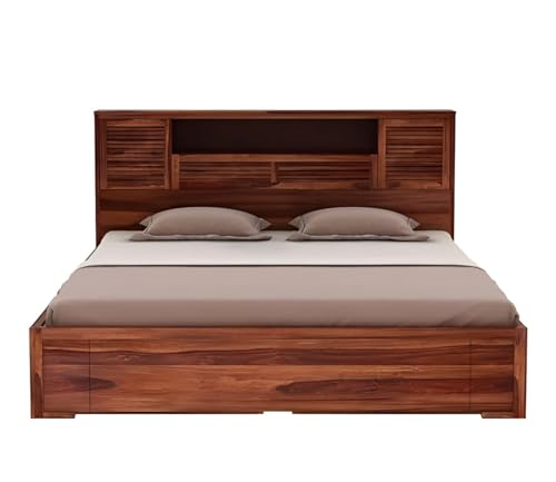 Image of Solid Sheesham Wood Bed with Storage | Wooden Bed with Drawer Storage & Designer Headboard | Strong & Durable Bed Frame for Bedroom Home & Hotel (Honey Finish, Queen)