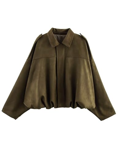 Women's Cropped Faux Suede Bomber Jacket Fall Casual Oversized Shacket Coat Long Sleeve Trendy Outerwear