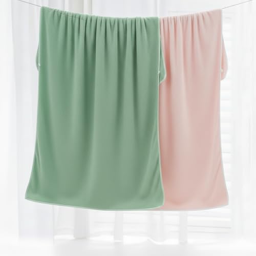 Image of Dribble Coral Fleece Weft Knitting 400 GSM Bath Towel 70 cm x140 cm | Ultra Soft, Quick Dry, Highly Absorbent | Lightweight & Skin-Friendly Towel for Bathroom, Gym & Travel, (Pink /Green, Pack of 2)