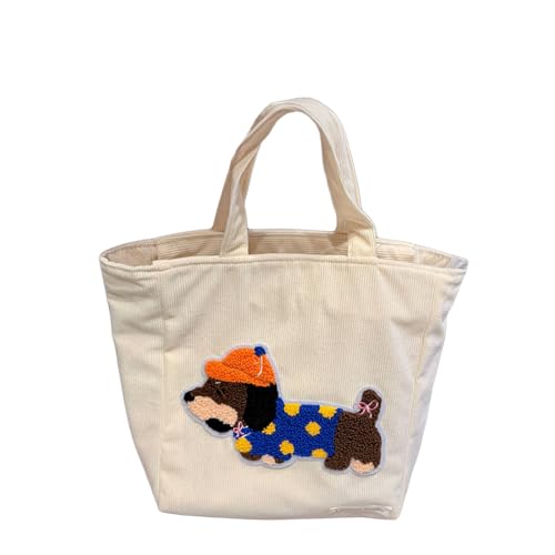 Corduroy Tote Bag with 3D Dog Patch Cute Mini Casual Tote with Animal Embroidery Y2k Corduroy Handbag Small Cute Purse 2025