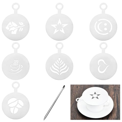 7 Pcs Kaffee Zubehör Deko, Latte Art Schablon, Kaffeedekoration, Edelstahl Schablonen, Kaffee Dekorieren, Kommt mit 1 Stift