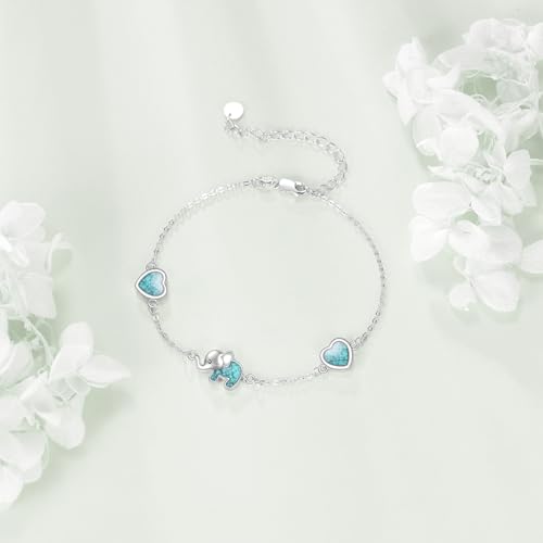 URONE Elephant Bracelet 925 Sterling Silver Turquoise Heart Elephant Bracelet Animals Jewelry Gifts for Women4