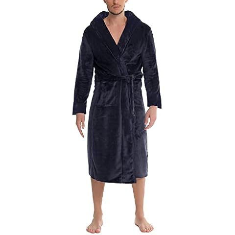 Lovasy Mens Dressing Gowns Fleece Fluffy Dressing Gown Mens Hooded Dressing Gown Flannel Soft Bathrobe Nightwear Robe Loungewear with Pockets for Winter,Navy Blue,XXL Cover