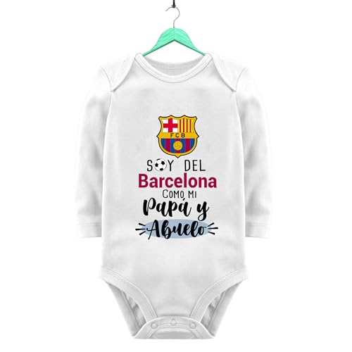 BODY FUTBOL BEBE: SOY DEL BARCELONA COMO MI PAPÁ Y ABUELO (Manga Larga, 6-9 meses)