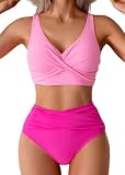 Sangdut Badeanzug Damen Set Sexy High Waist Push up Triangel Breites Unterbrustband Mit Cups Zweiteiliger Badeanzug Swimsuits(Rosa,M)