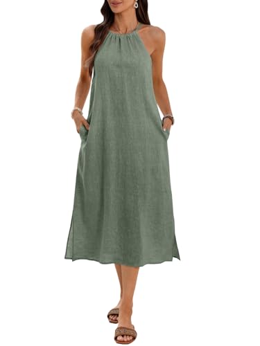 Image of Women's 100% Linen Midi Dress Halter Neck 2026 Dress Sleeveless Flowy Beach Sun Dresses with Pockets