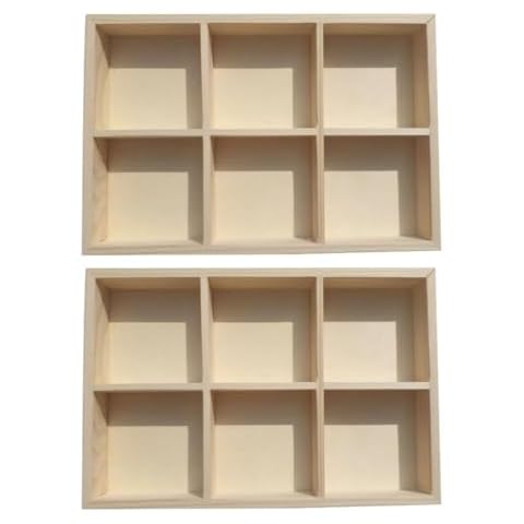 Wakauto 2Pcs Wooden Storage Divider Box Showcase Display Box 6 Grid Wood Organization Tray Desk Display Crafts Holder for Art Supplies Organizer Cover