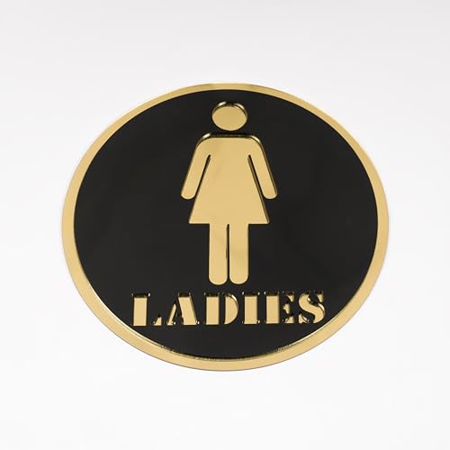 Image of Ladies Round Acrylic Signage Sticker - Self-Adhesive Women Restroom Sign for Office, Storefront, Business & Shop - Premium Black Gold Label for Glass & Smooth Surfaces